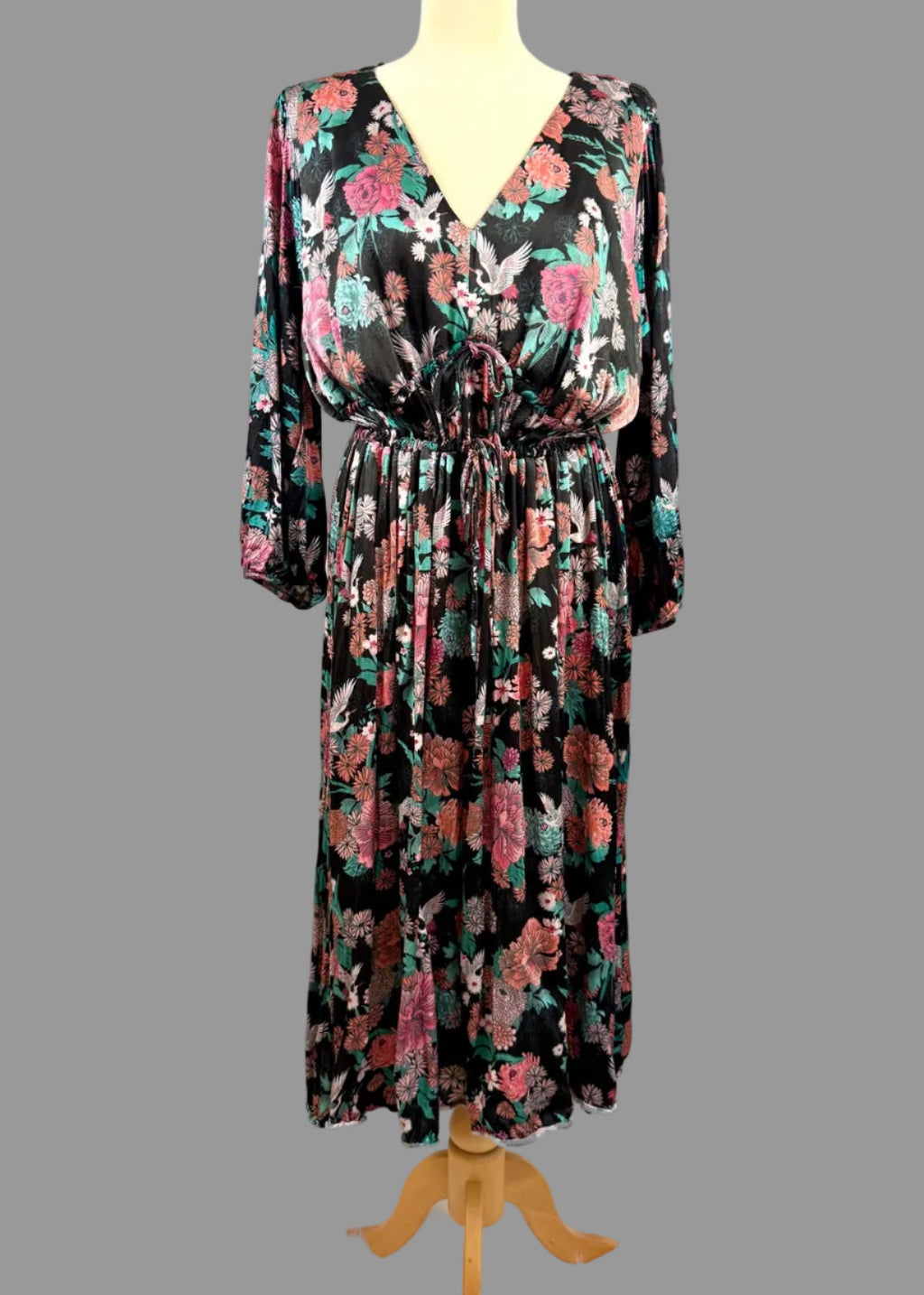Monsoon Black Floral Crane Print Midi Dress – UK 20 - Pre-loved
