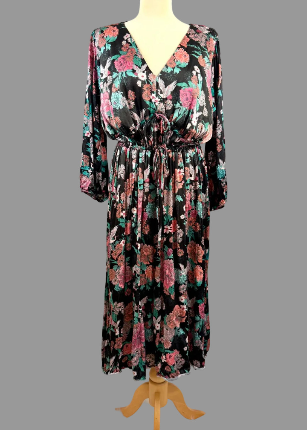 Monsoon Black Floral Crane Print Midi Dress – UK 20 - Pre-loved