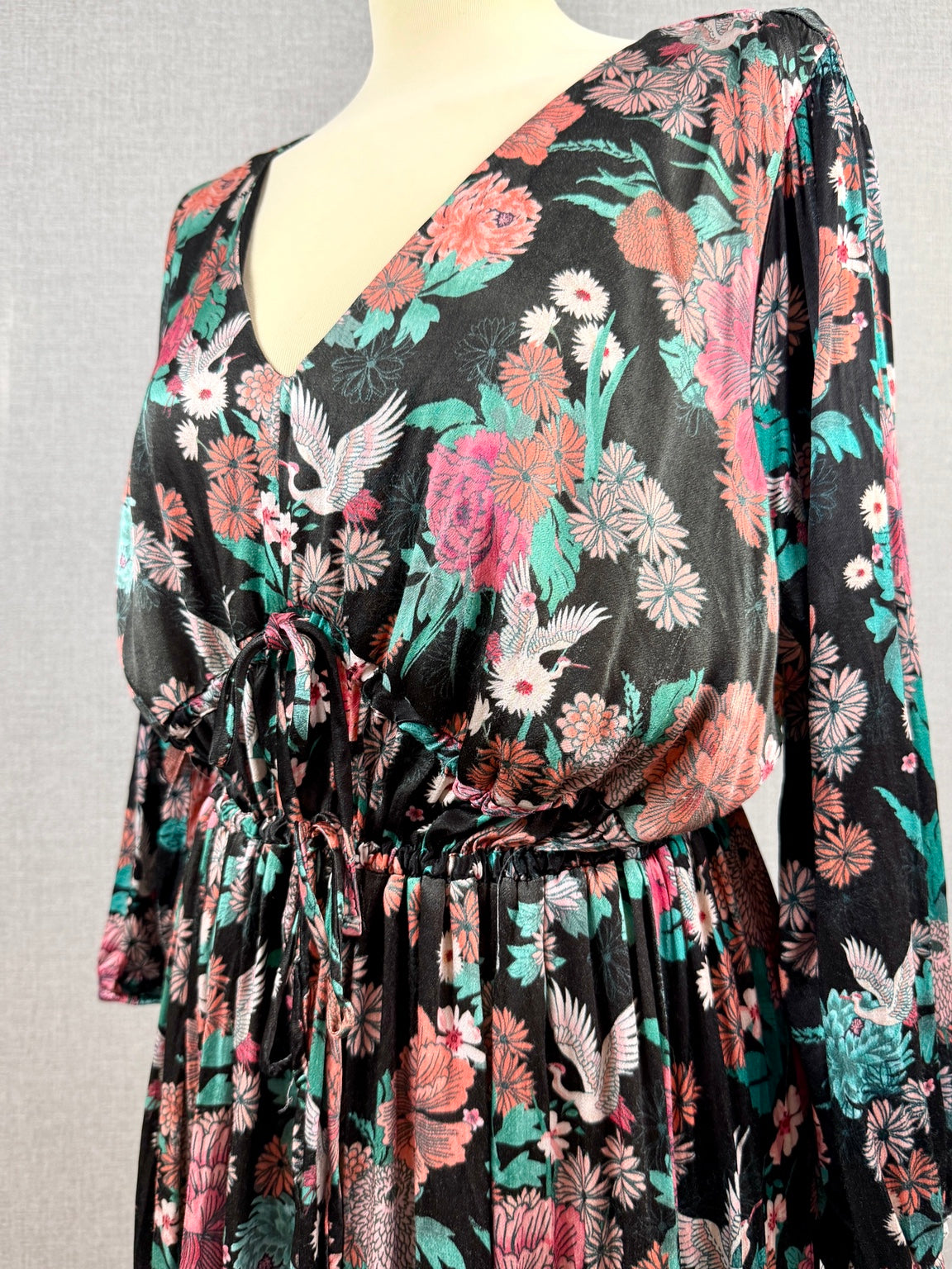 Monsoon Black Floral Crane Print Midi Dress – UK 20 - Pre-loved