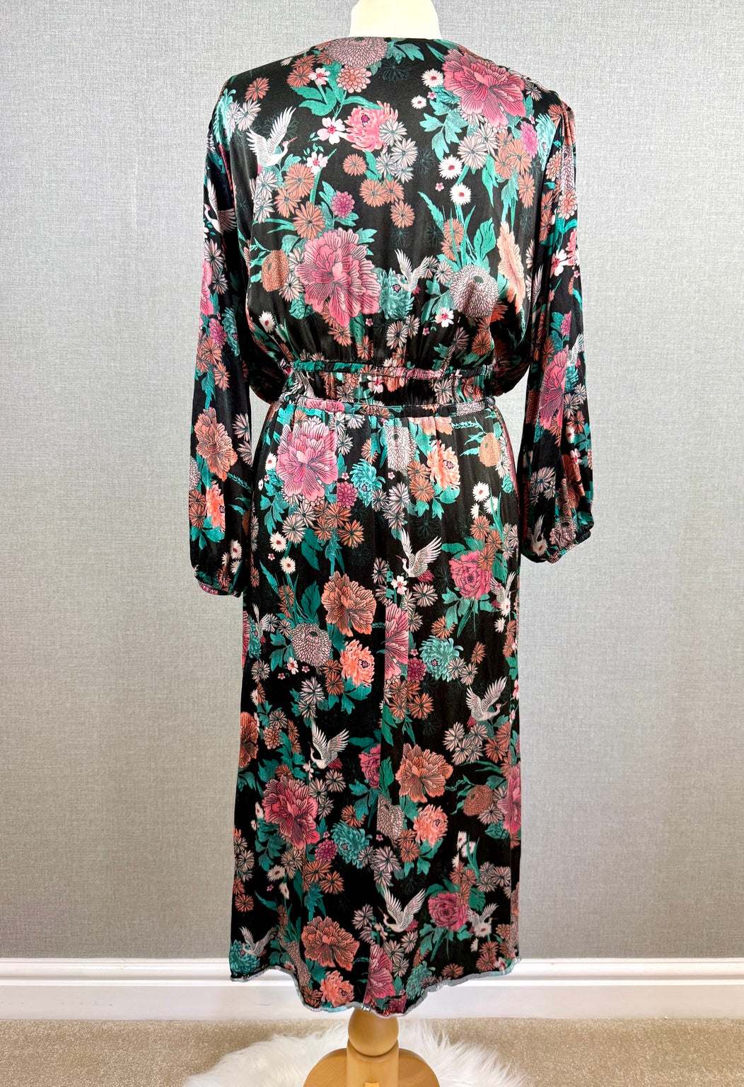 Monsoon Black Floral Crane Print Midi Dress – UK 20 - Pre-loved