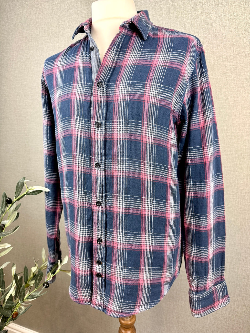 BOSS Orange Men's Check Shirt Navy Pink White Plaid UK L - Pre-loved