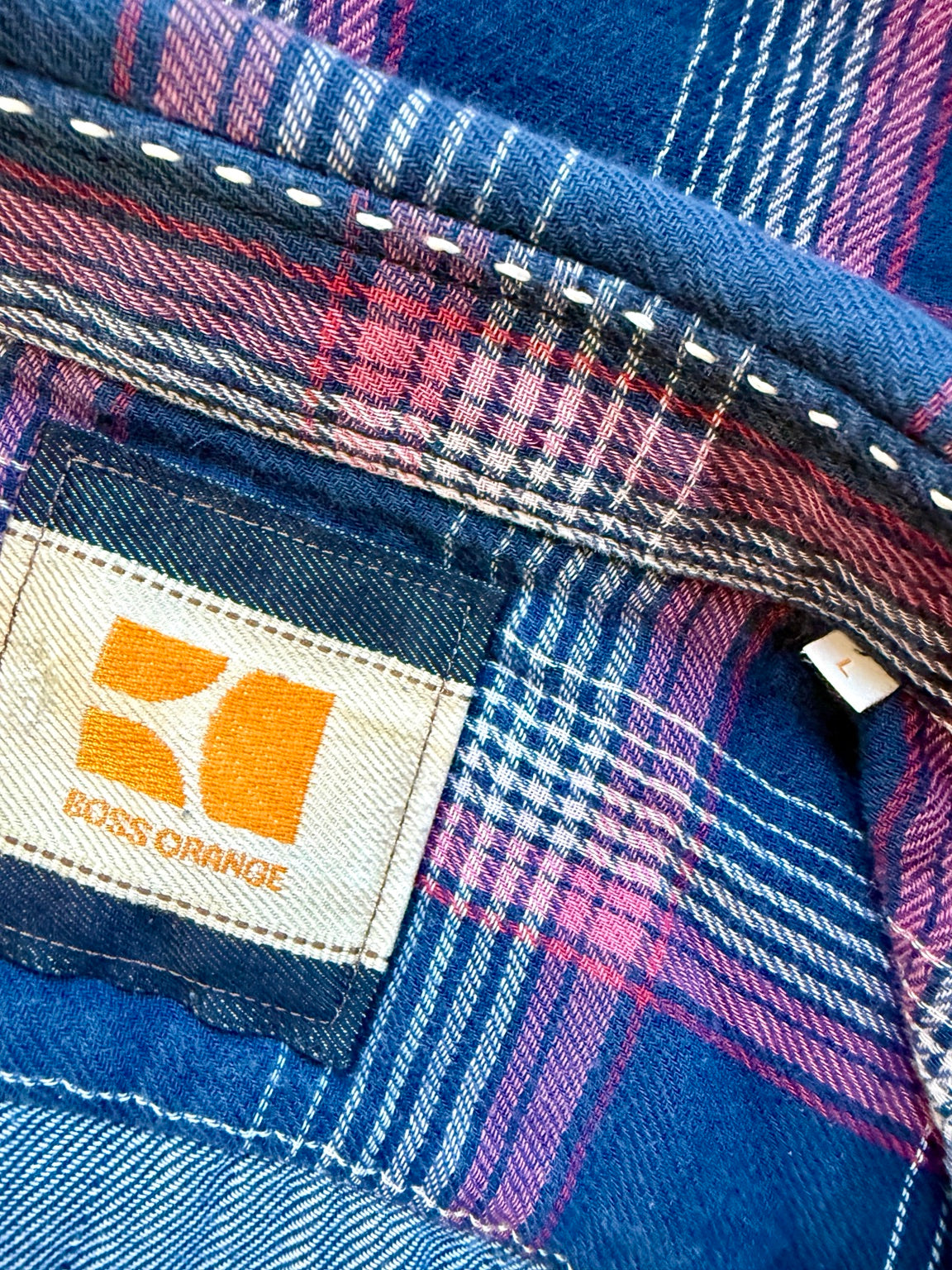 BOSS Orange Men's Check Shirt Navy Pink White Plaid UK L - Pre-loved