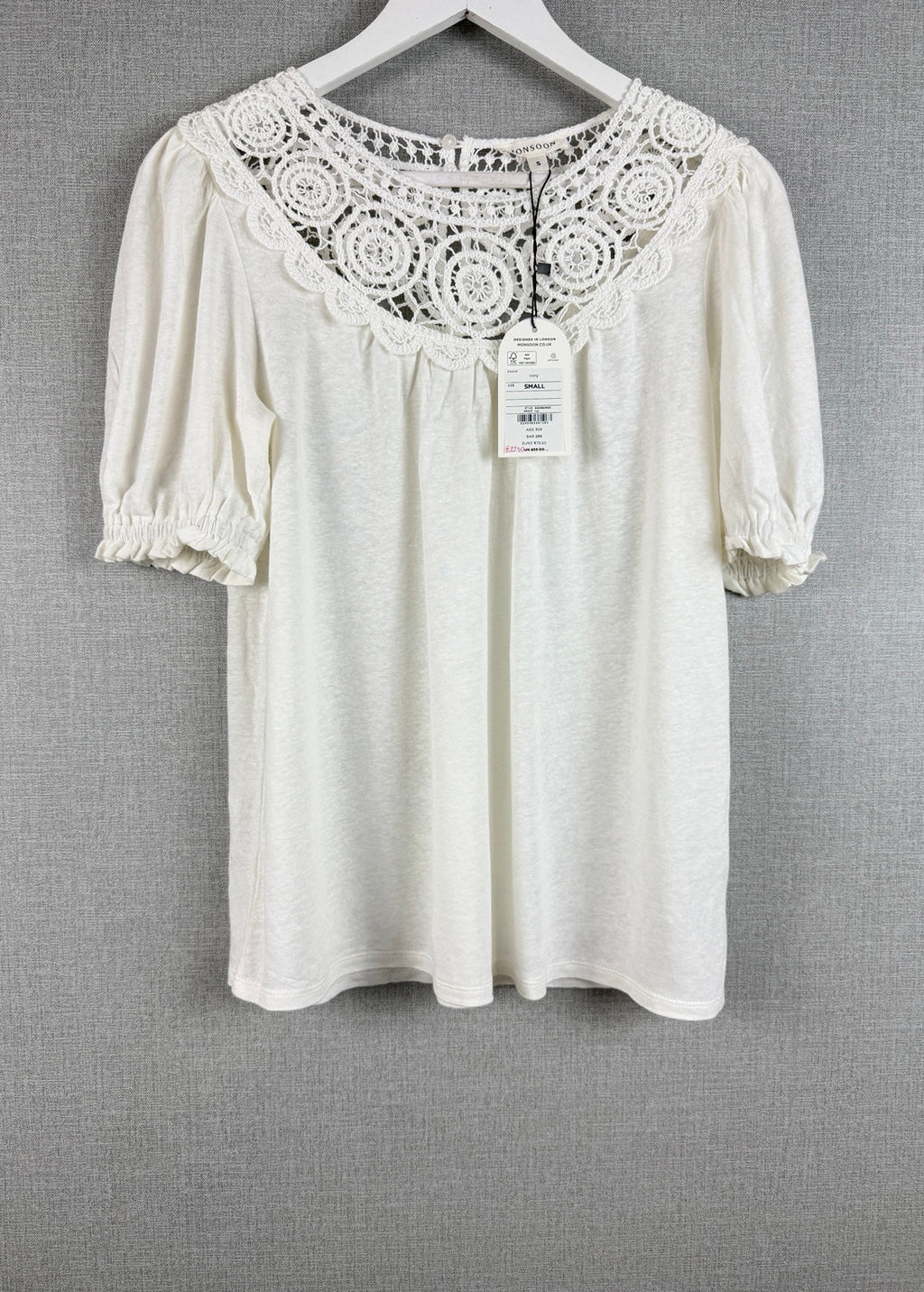 Monsoon Crochet Frill Sleeve Top Ivory Linen Blend UK 8-10 - BNWT