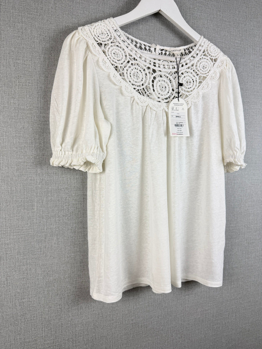 Monsoon Crochet Frill Sleeve Top Ivory Linen Blend UK 8-10 - BNWT