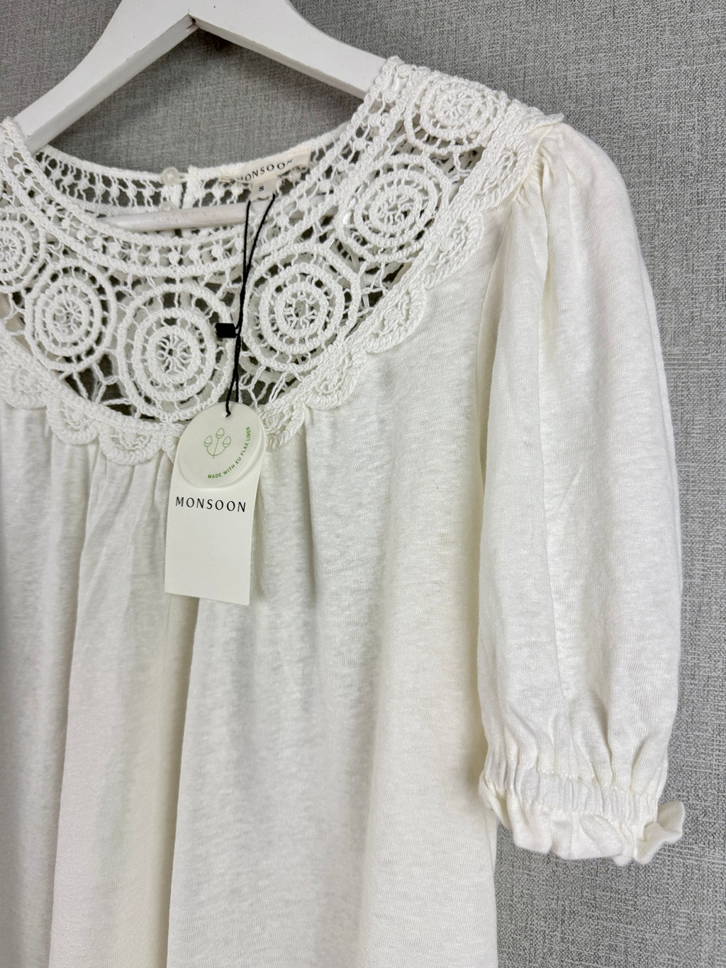 Monsoon Crochet Frill Sleeve Top Ivory Linen Blend UK 8-10 - BNWT