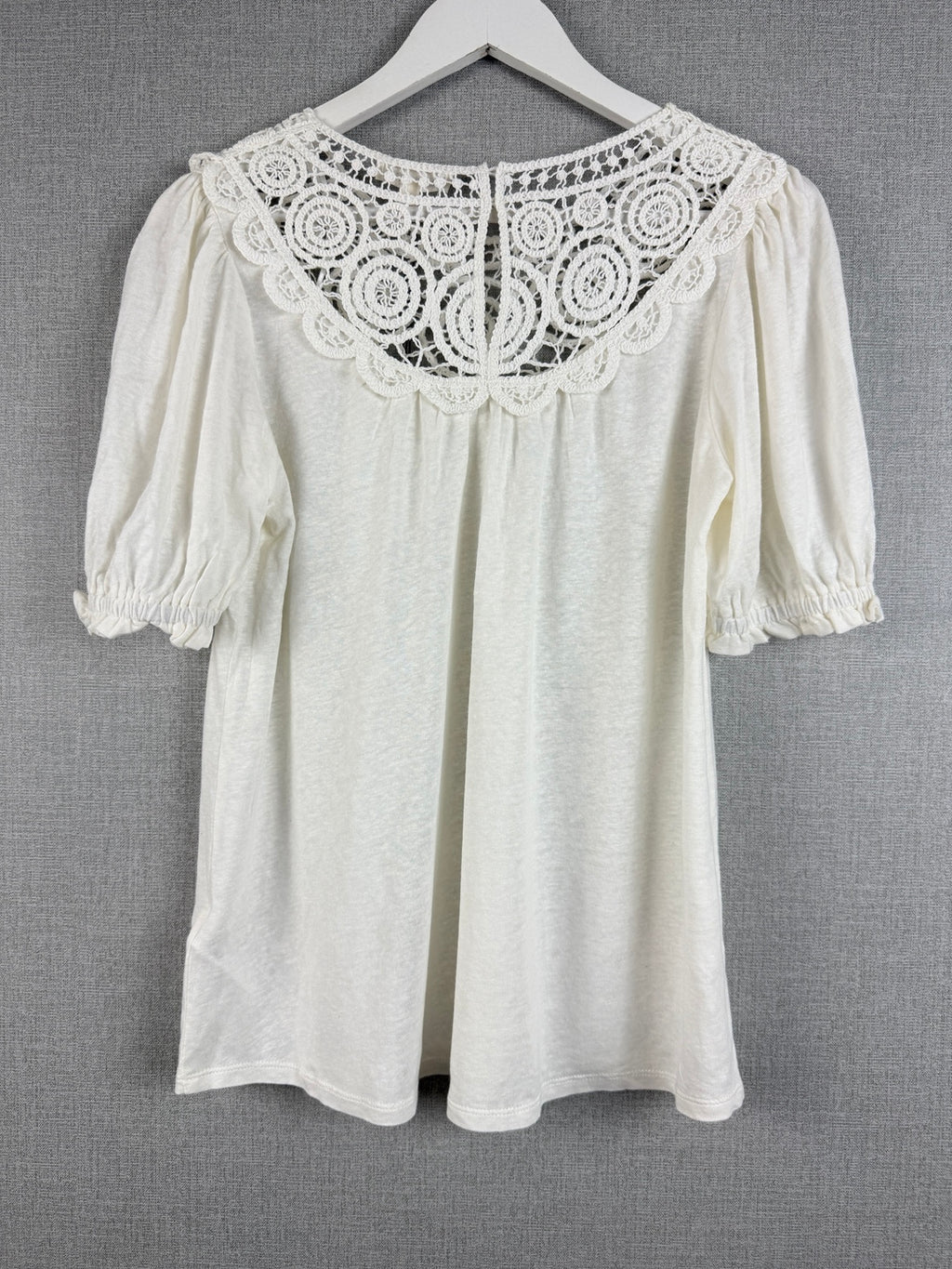 Monsoon Crochet Frill Sleeve Top Ivory Linen Blend UK 8-10 - BNWT