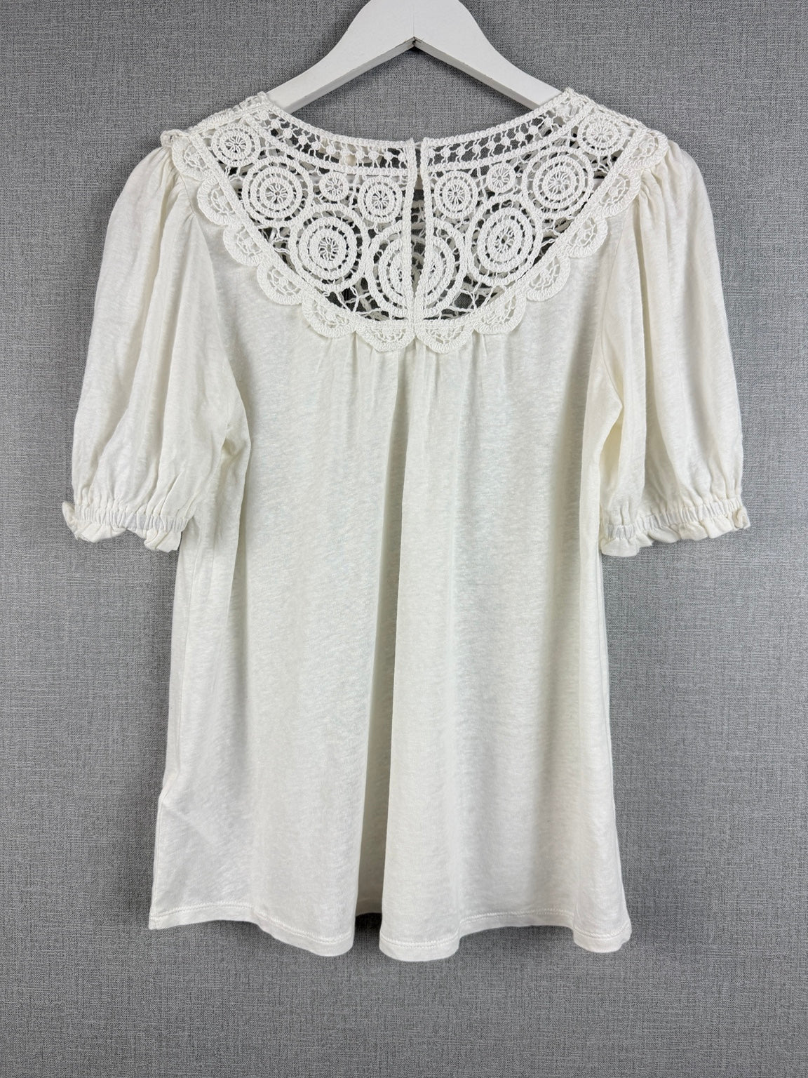 Monsoon Crochet Frill Sleeve Top Ivory Linen Blend UK 8-10 - BNWT