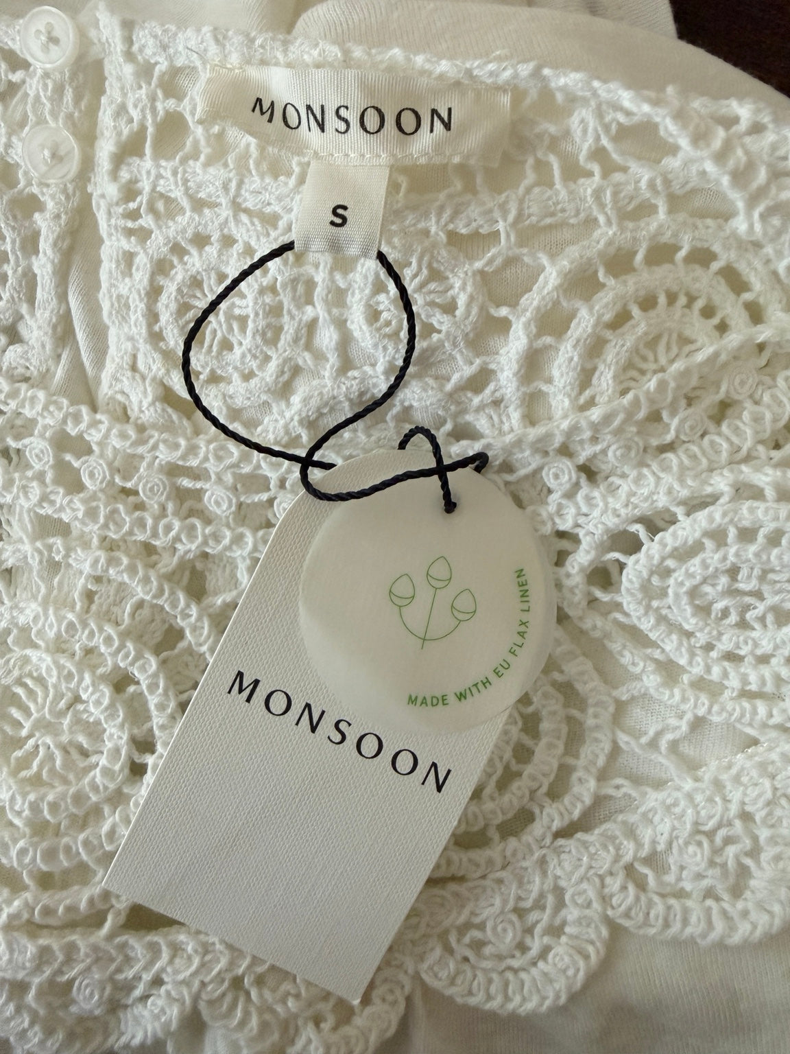 Monsoon Crochet Frill Sleeve Top Ivory Linen Blend UK 8-10 - BNWT