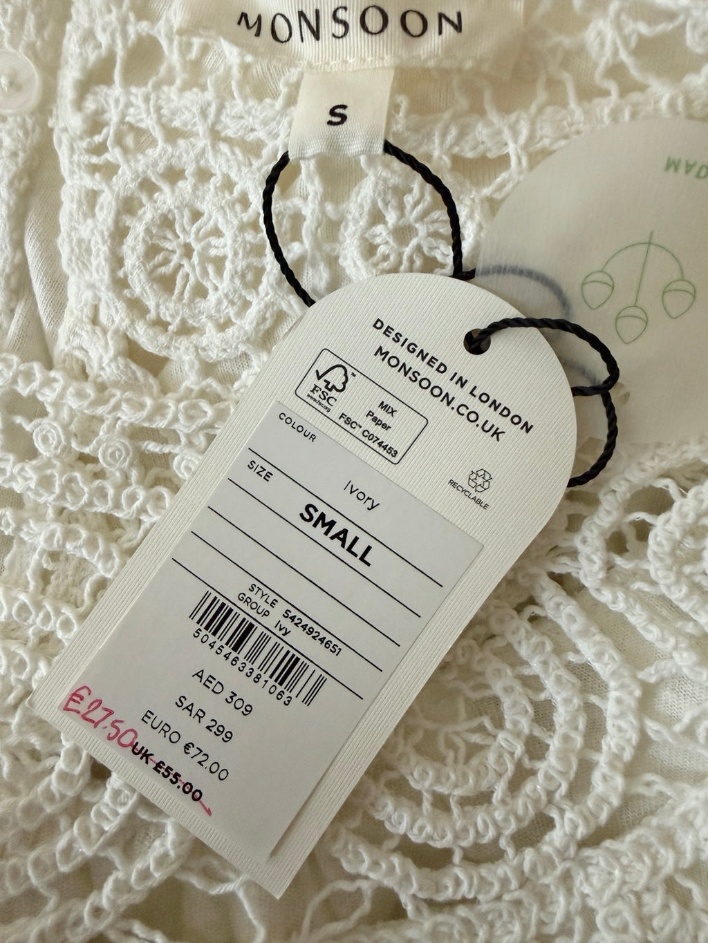 Monsoon Crochet Frill Sleeve Top Ivory Linen Blend UK 8-10 - BNWT