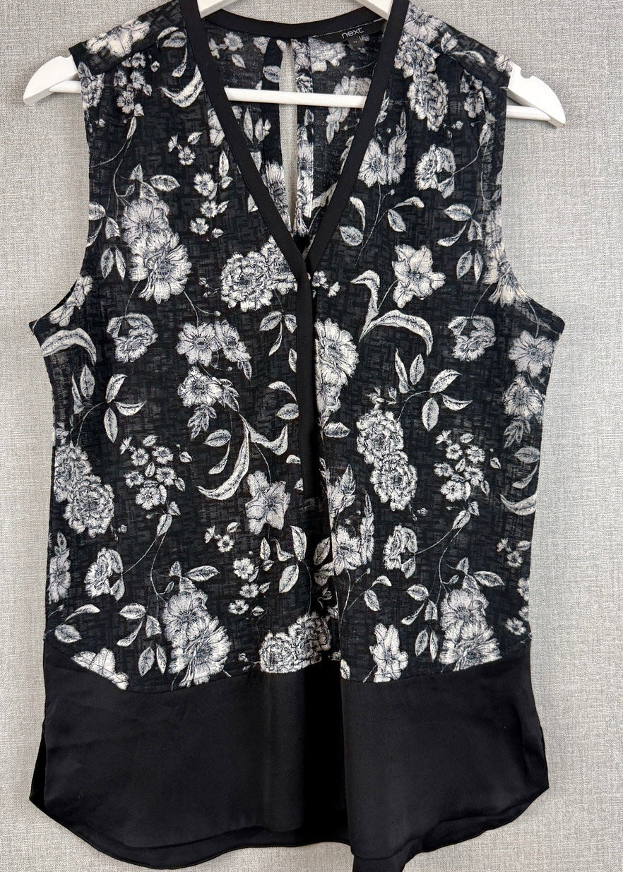 Next Floral Sleeveless Blouse Top Black White Grey UK 12 - Pre-loved