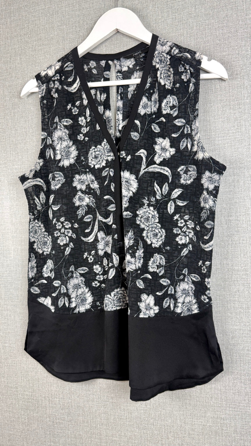 Next Floral Sleeveless Blouse Top Black White Grey UK 12 - Pre-loved