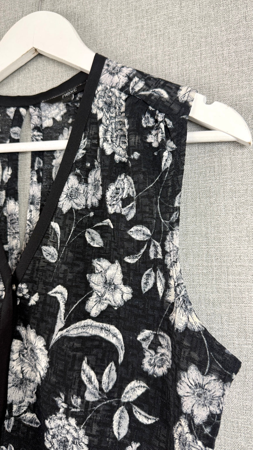 Next Floral Sleeveless Blouse Top Black White Grey UK 12 - Pre-loved
