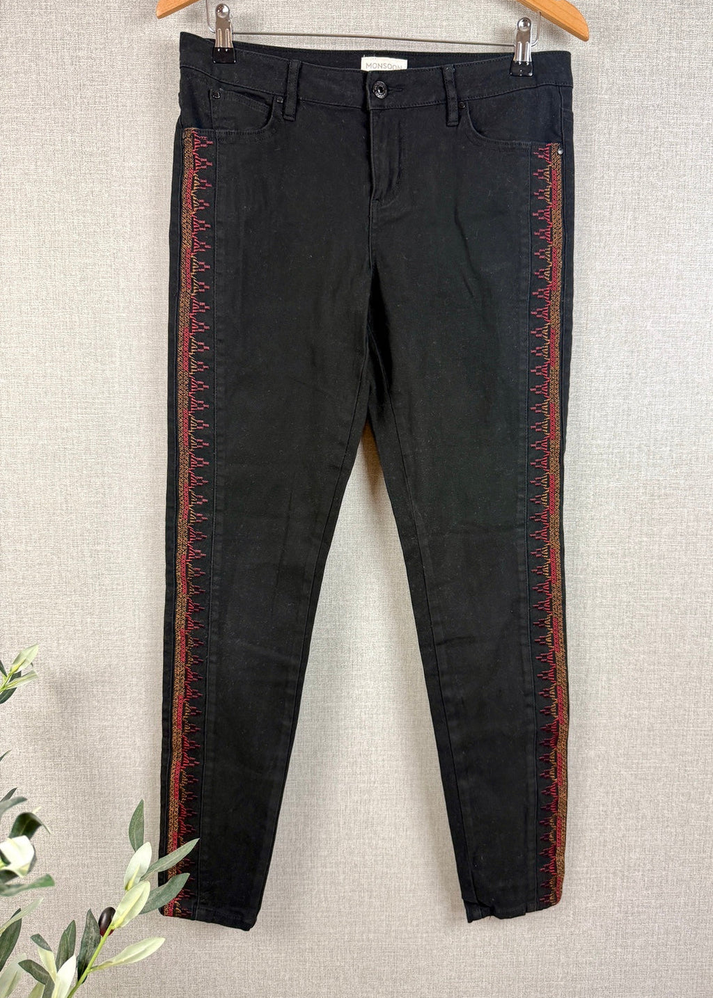 Monsoon Black Embroidered Side Stripe Jeans UK 12 - Pre-loved