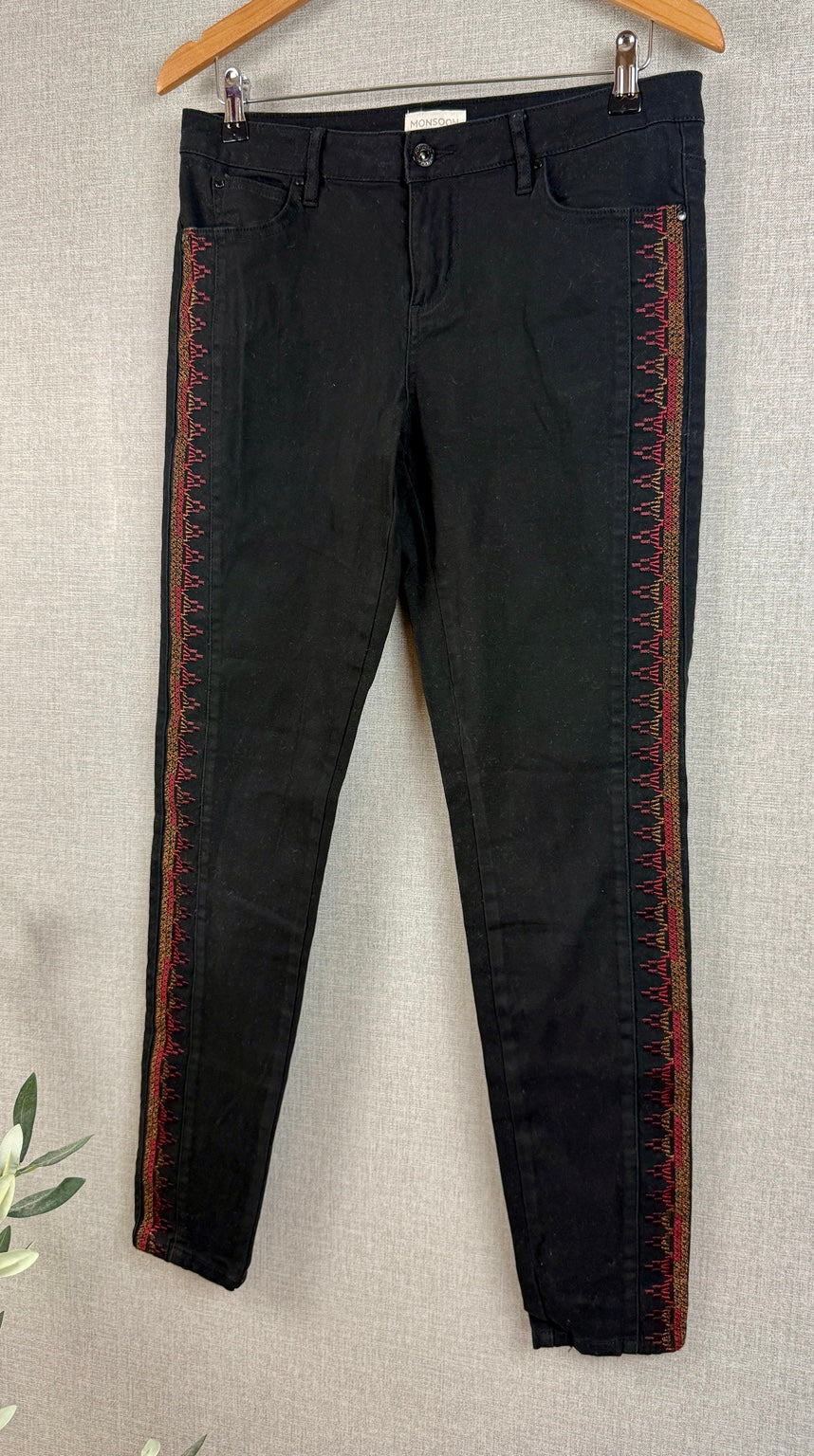 Monsoon Black Embroidered Side Stripe Jeans UK 12 - Pre-loved