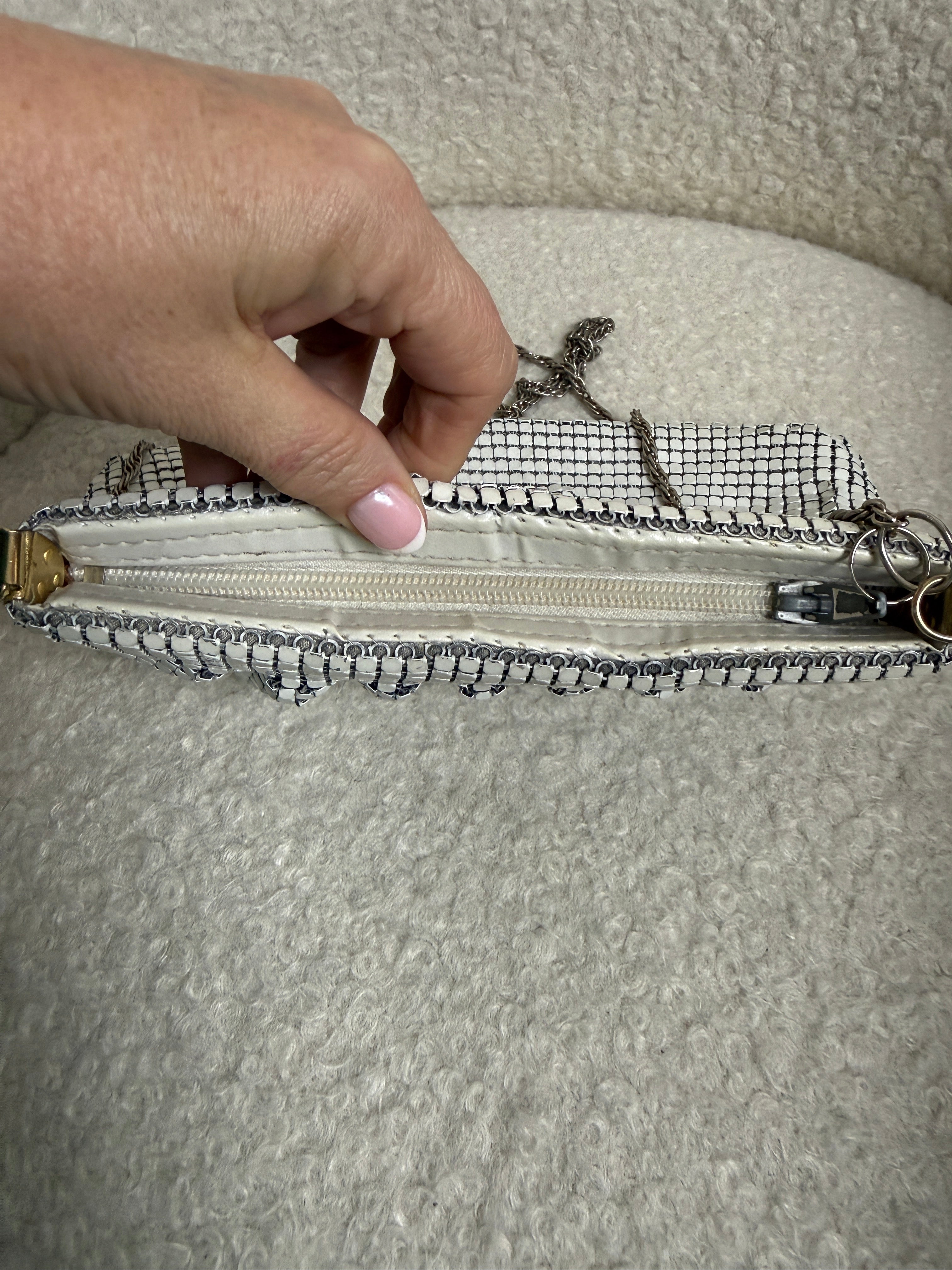 Vintage White Metal Mesh Evening Bag Chainmail Strap Gold Lining Shoulder