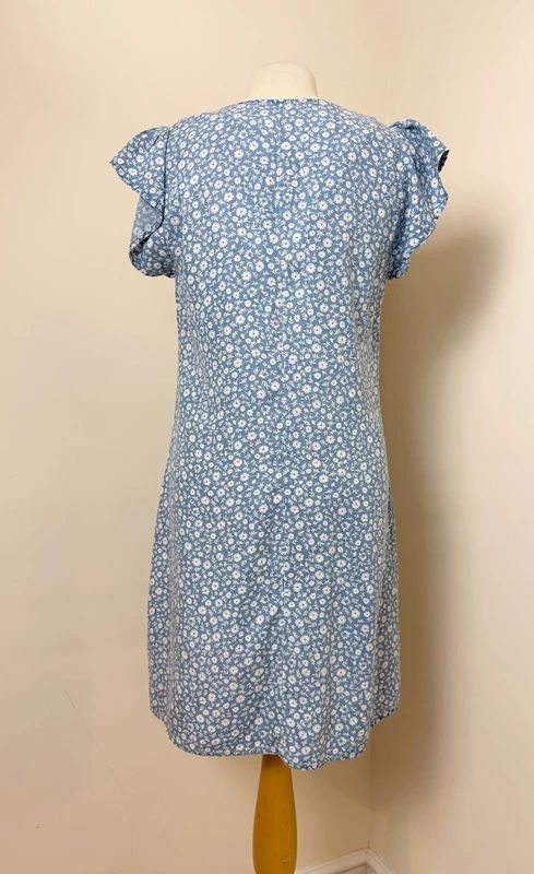 Next Light Blue Ditsy Floral Mini Dress UK8 Flutter Sleeve Button Front