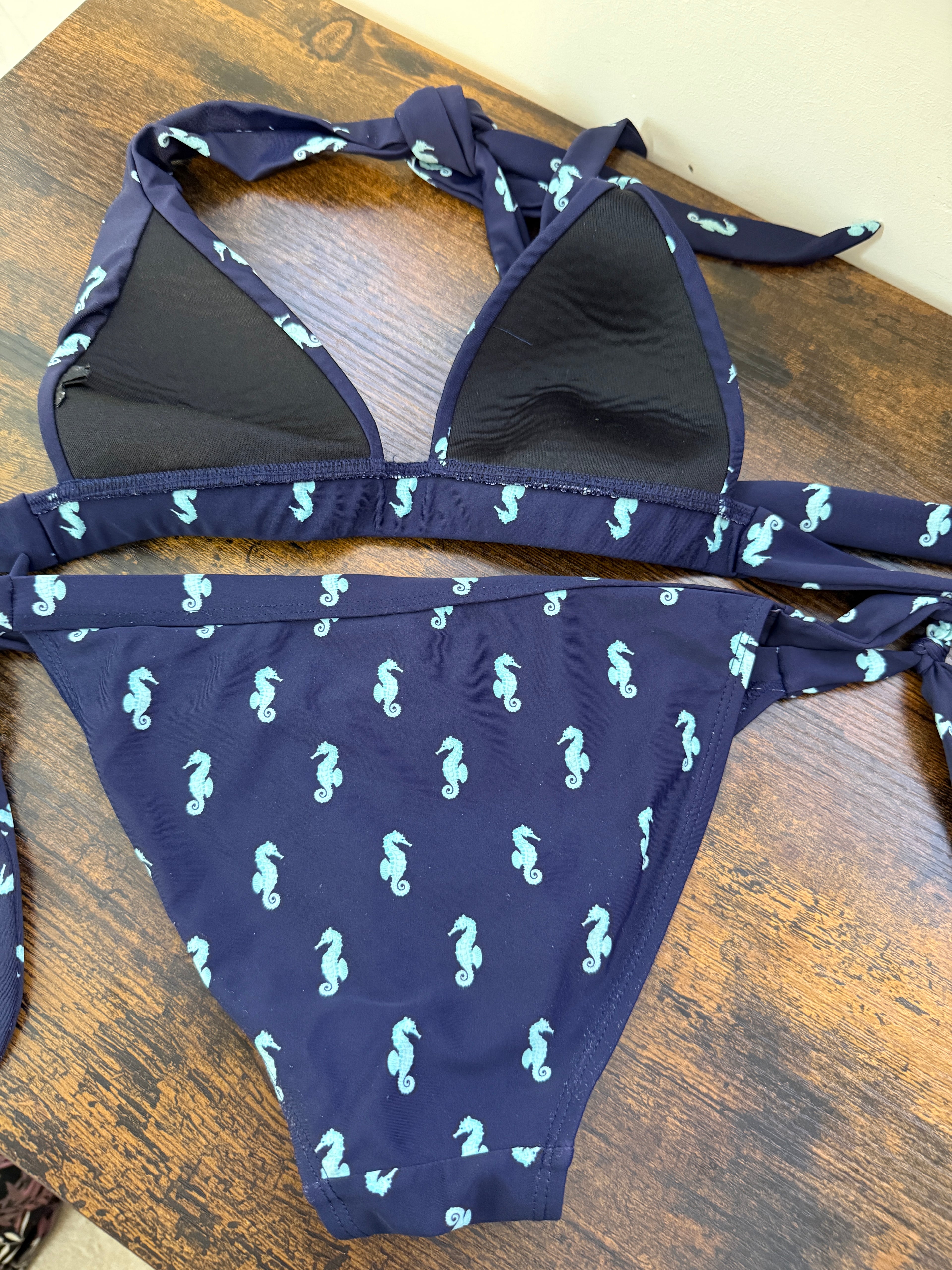 Oasis Navy Blue Seahorse Print Bikini Set Halter Neck Side Tie UK8