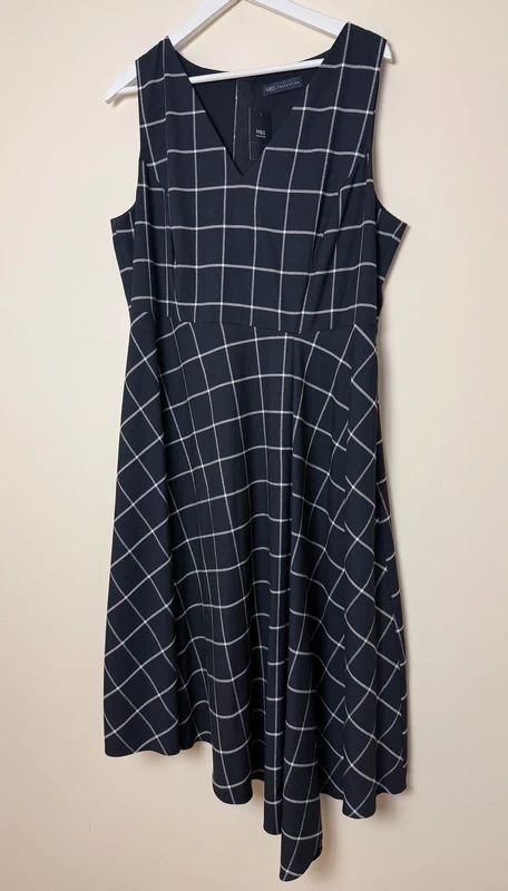 M&S Collection Navy & White Checked Fit & Flare Lined Dress – BNWT, UK 18, Smart Occasion