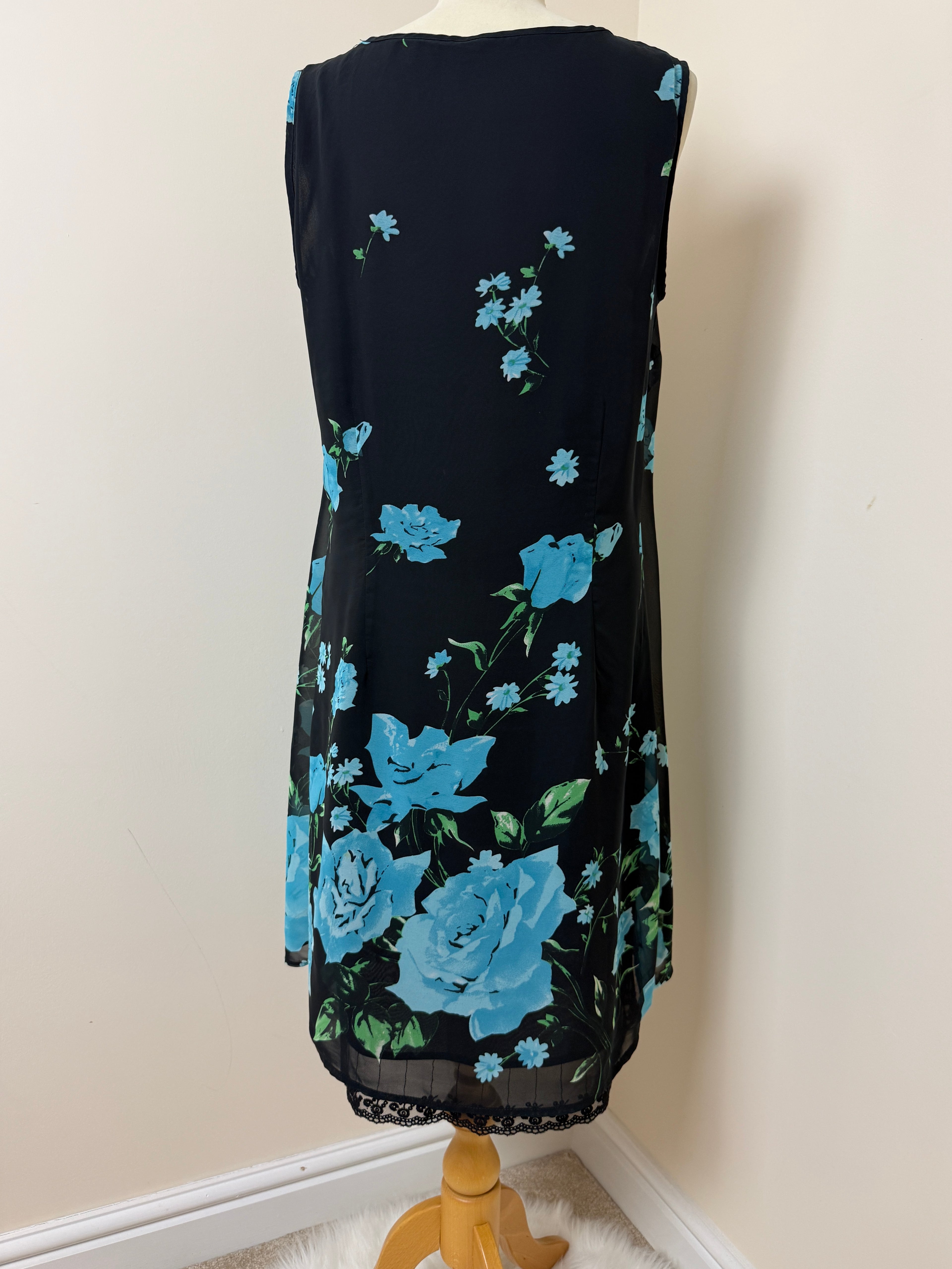 Sheego Black Floral Midi Dress – Blue Print Sleeveless Ruffle Front – UK 16