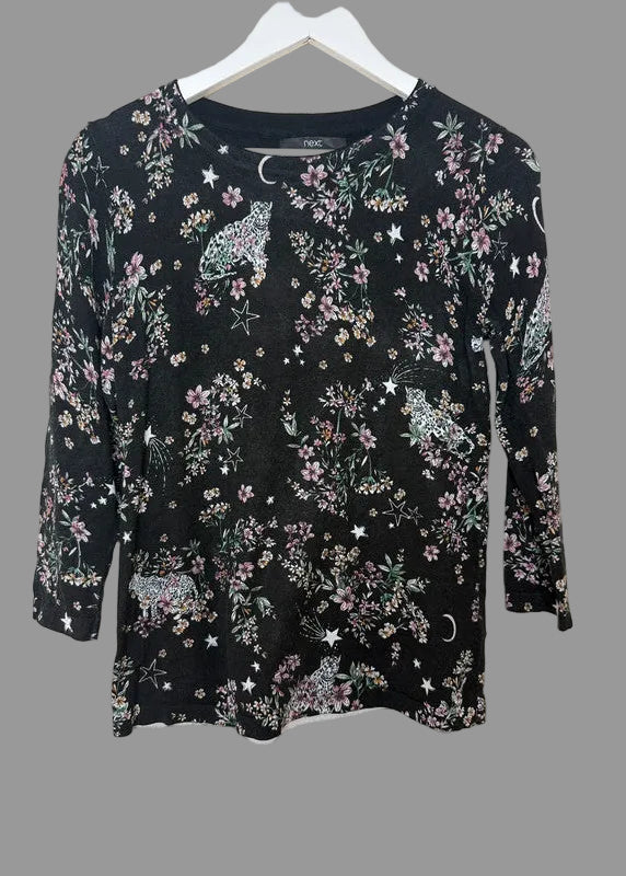 Next Black Floral & Animal Print 3/4 Sleeve Jersey Top - UK12