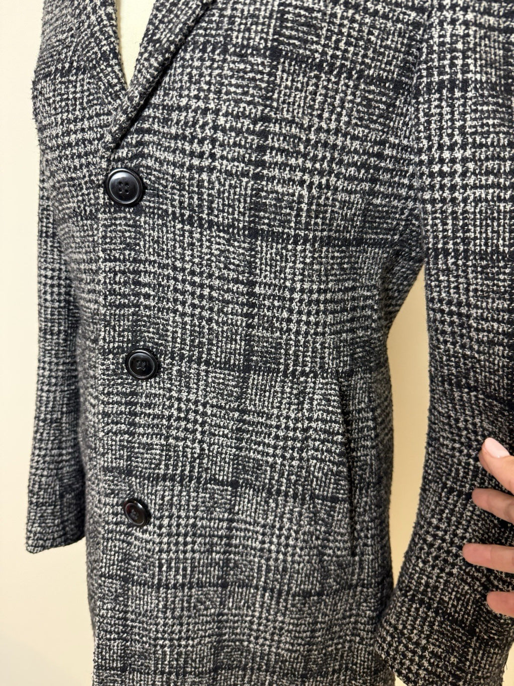 Primark Black White Dogtooth Check Wool Blend  Overcoat - Small