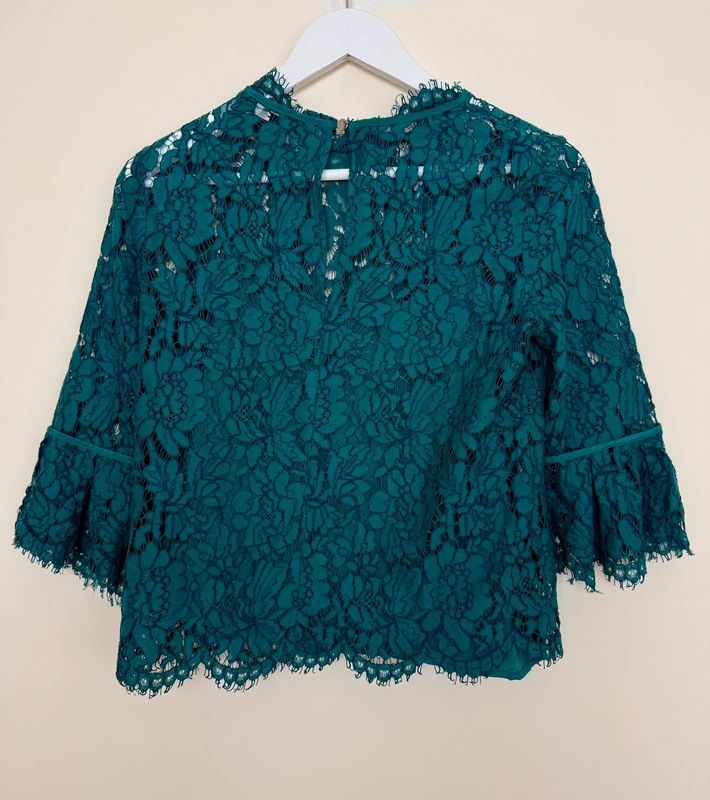 Next Emerald Green Lace Blouse Sheer Overlay Camisole Flare Sleeve UK10