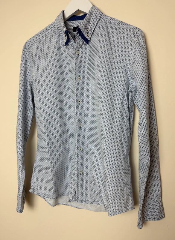 Next Slim Fit Shirt Medium White Blue Pattern Double Collar Long Sleeve