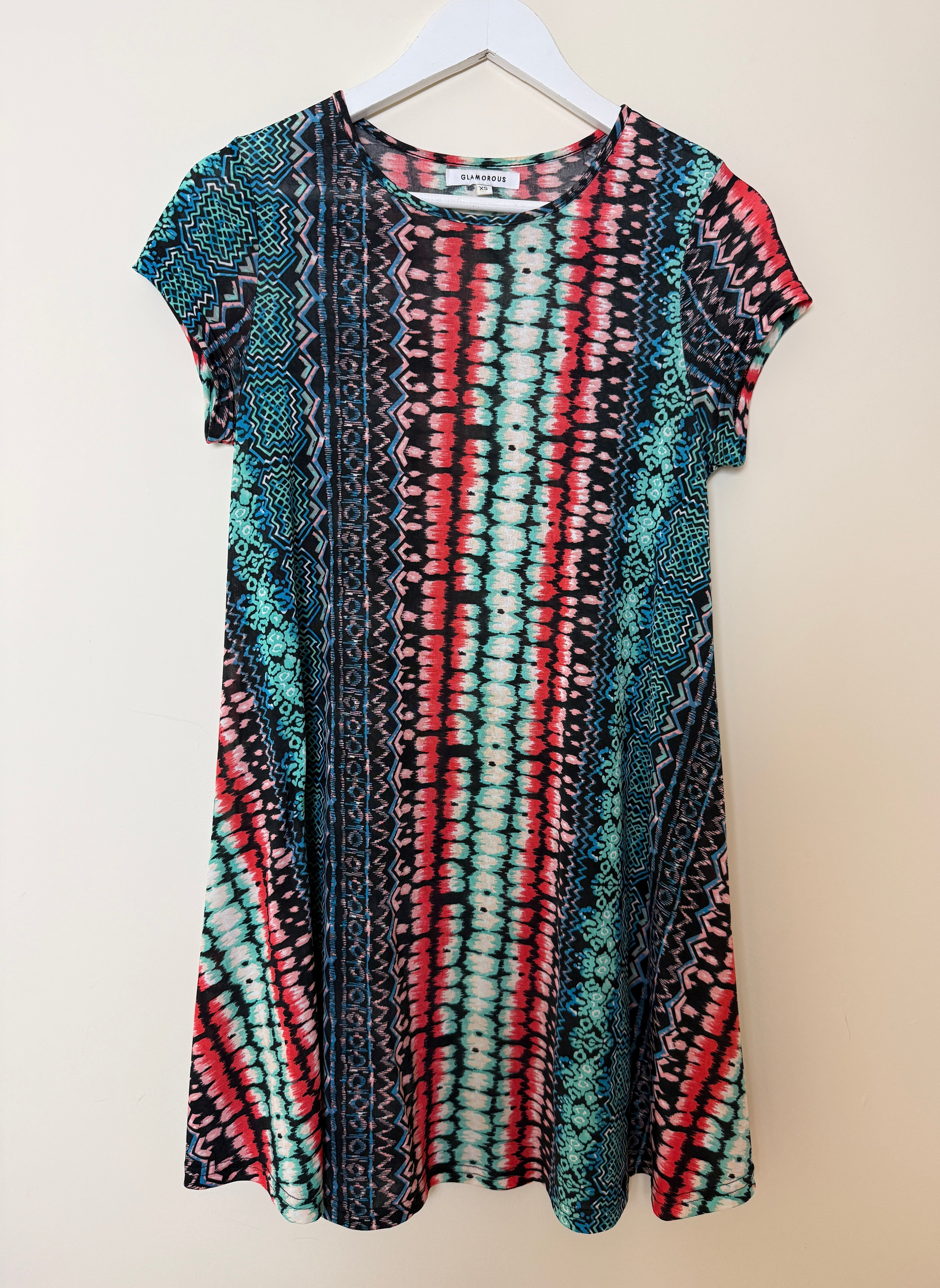 Glamorous Tribal Print Stretch Mini Dress XS Red Black Teal