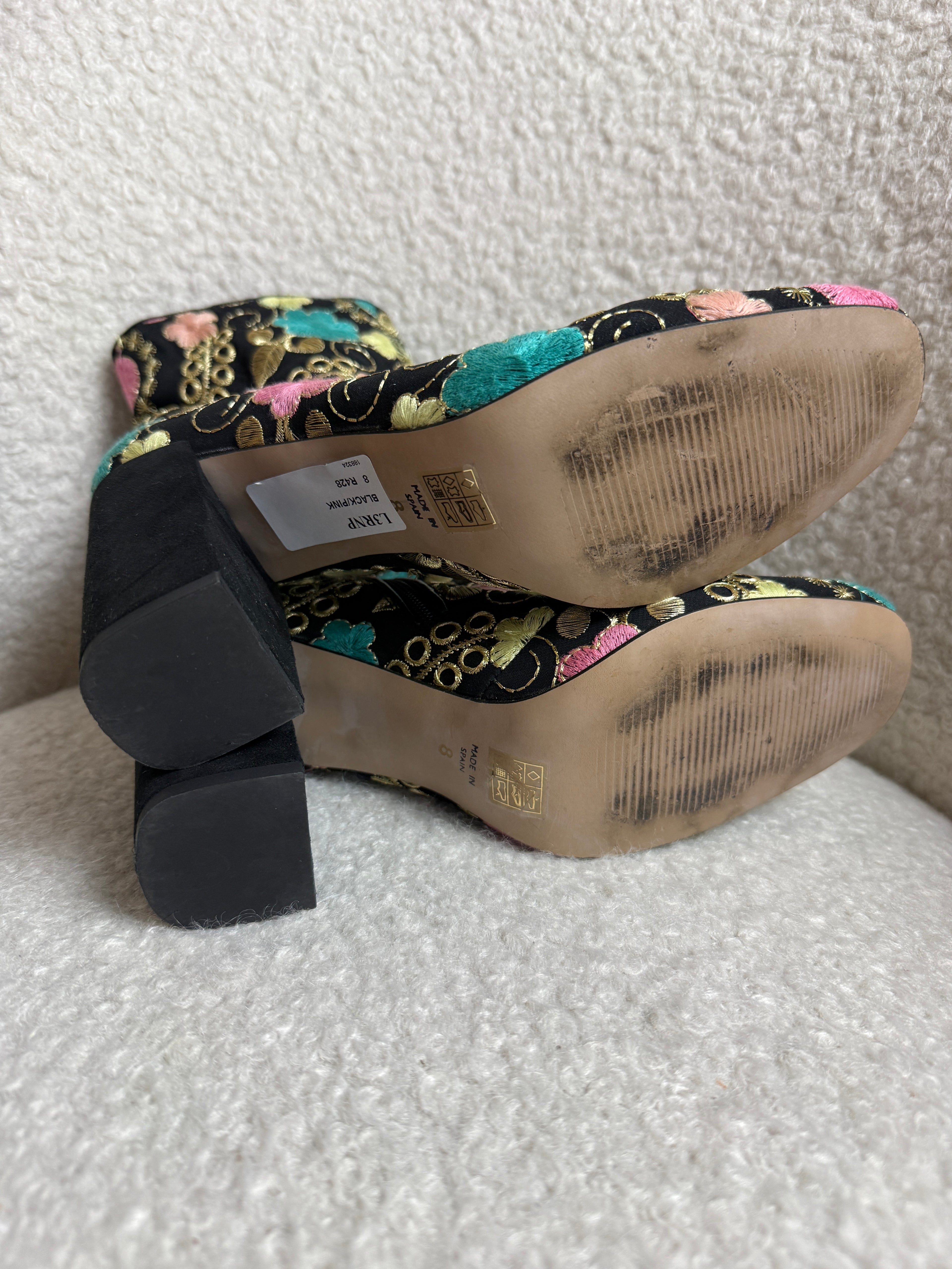 River Island Embroidered Boots UK8 Black Floral Block Heel Statement Made In Spa
