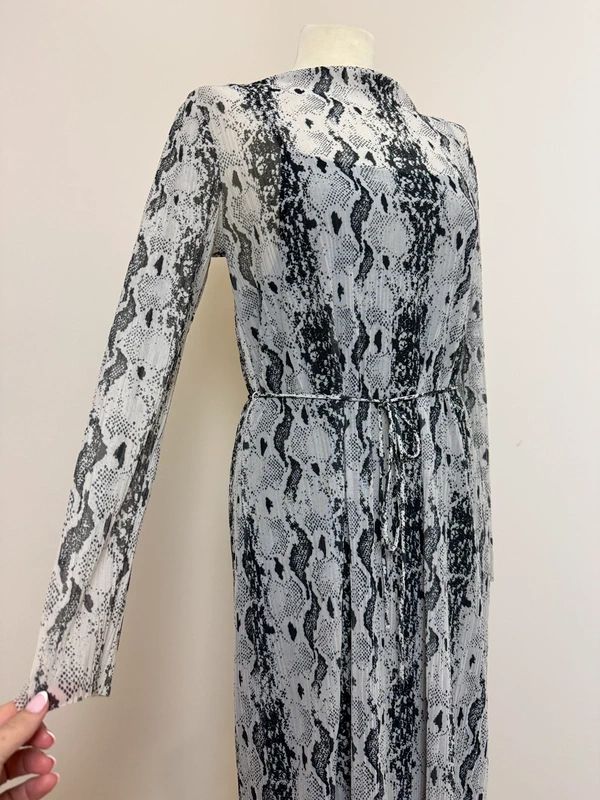 & Other Stories Snakeskin Print Maxi Dress UK10 Grey Mesh Sleeve Tie Belt
