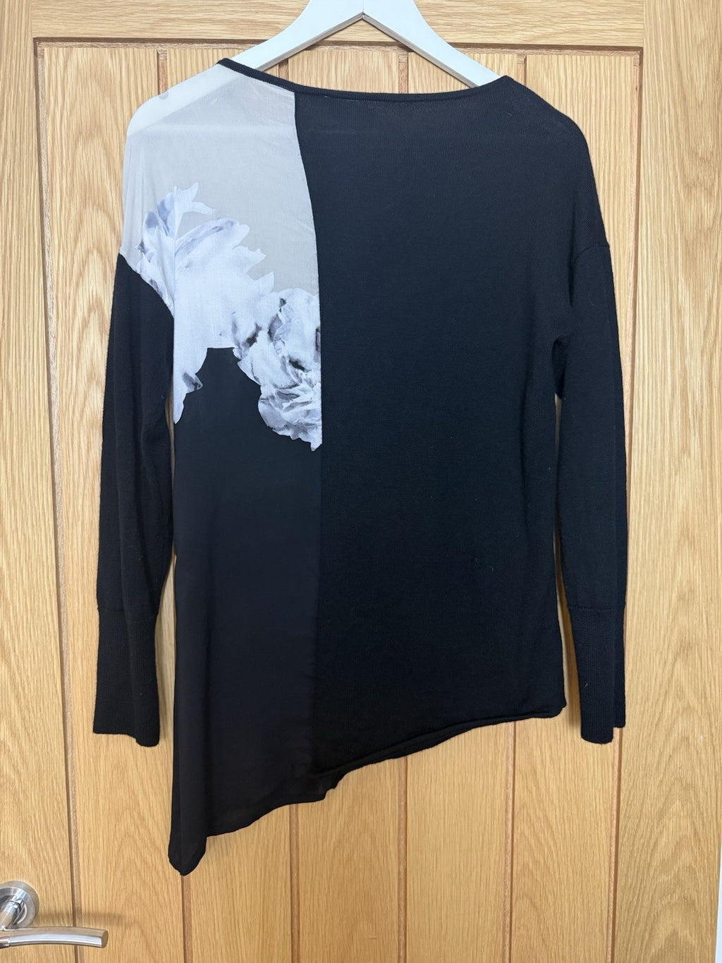 Mint Velvet Floral Sheer Black Grey Asymmetric Jumper - UK 12