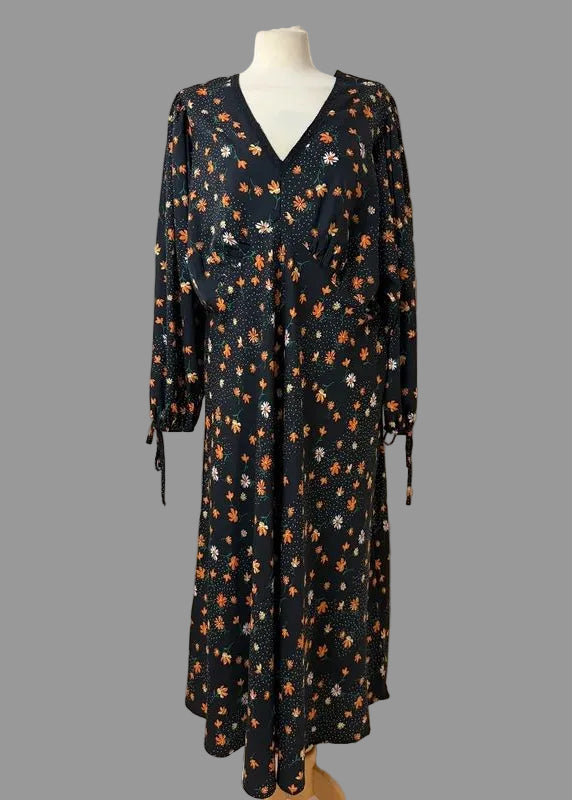 Limited Collection Black Floral Midi Tea Dress UK 20 Empire Waist