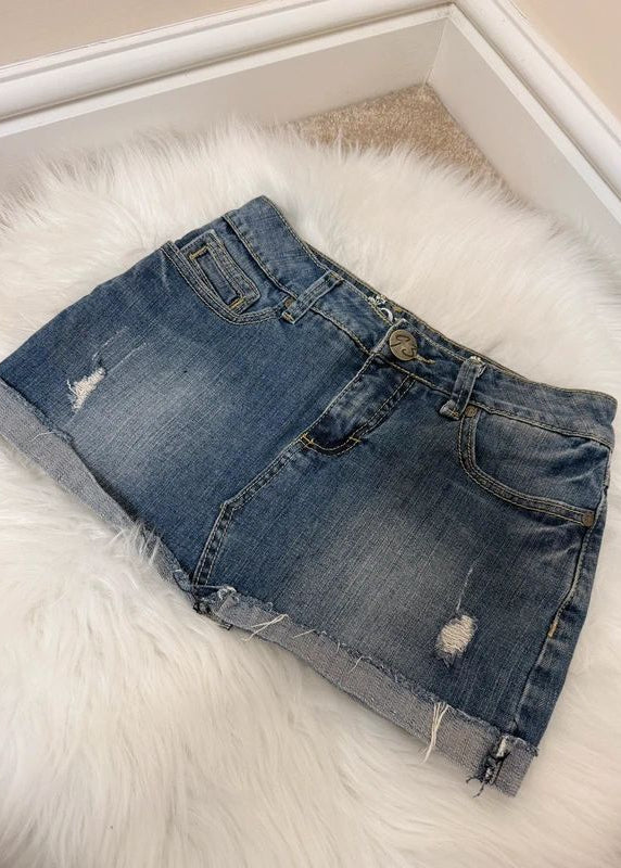 Oxygen Perfect Fit Y2K Denim Micro Mini Skirt Distressed Turn Up Hem Low Rise UK8