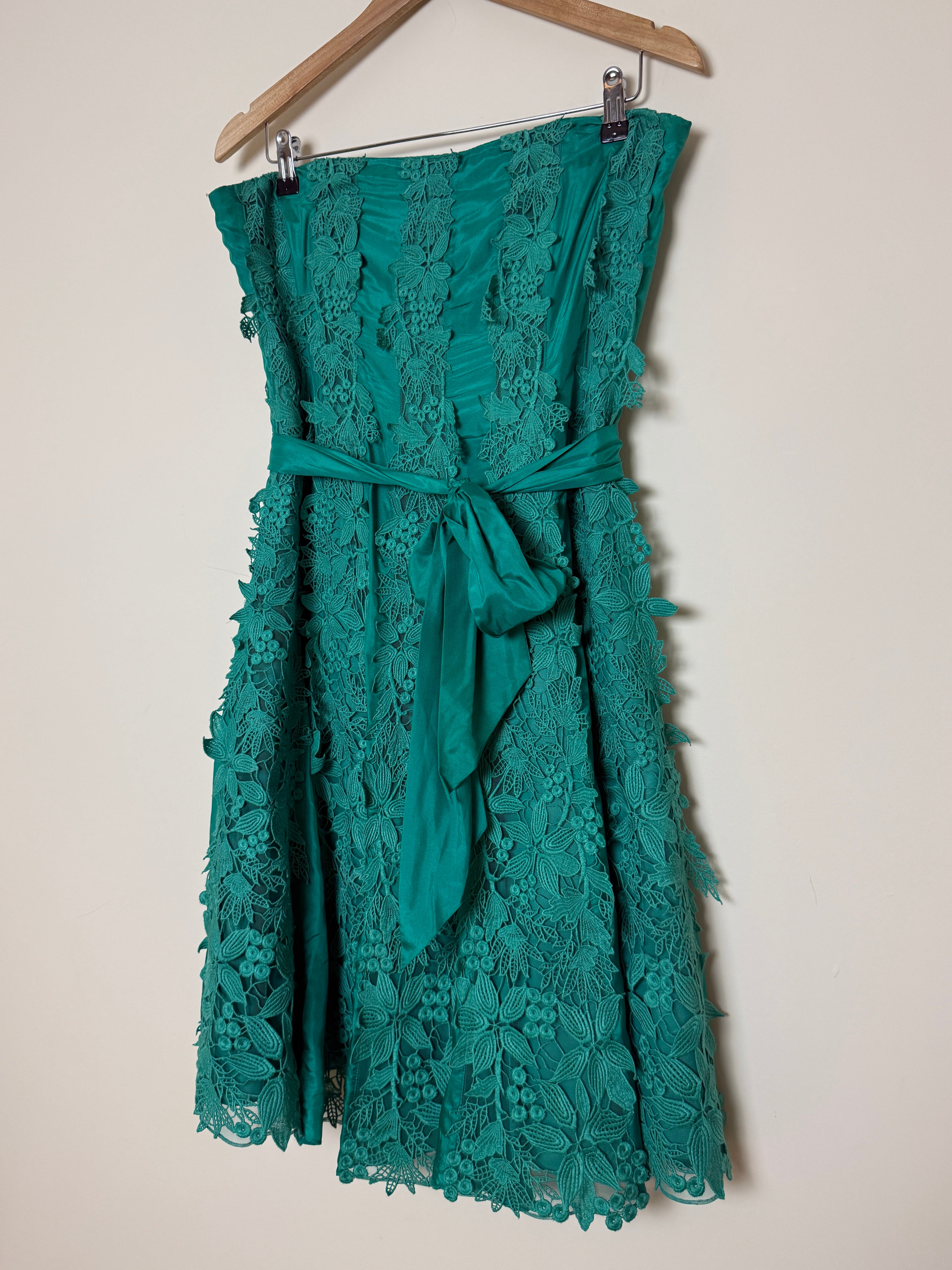 Coast Silk Lace Dress Jade Green Strapless Guipure Cocktail UK14