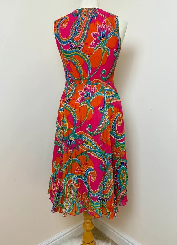 East Paisley Plisse Dress Sleeveless Fit & Flare Boho V Neck UK8