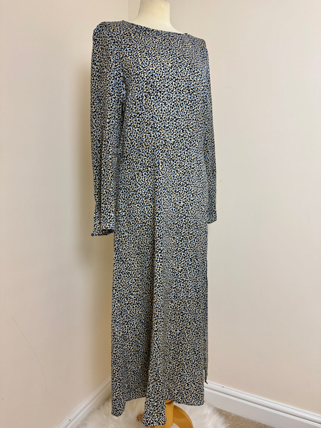 H&M Blue Yellow Dainty Print Open Back Midi Tea Dress - UK12