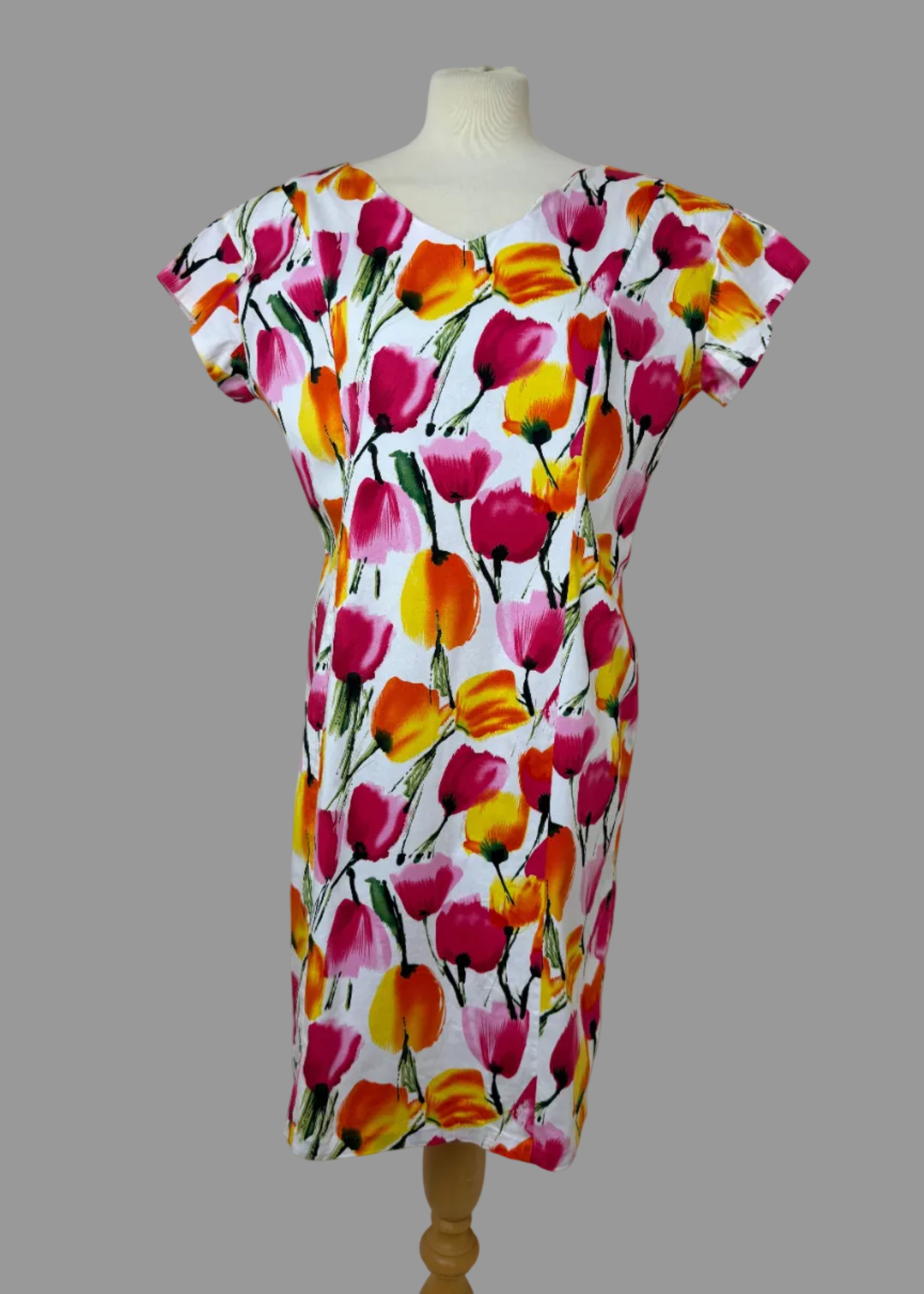 Floral Shift Dress White Pink Orange Yellow Stretch Scallop Neck Large