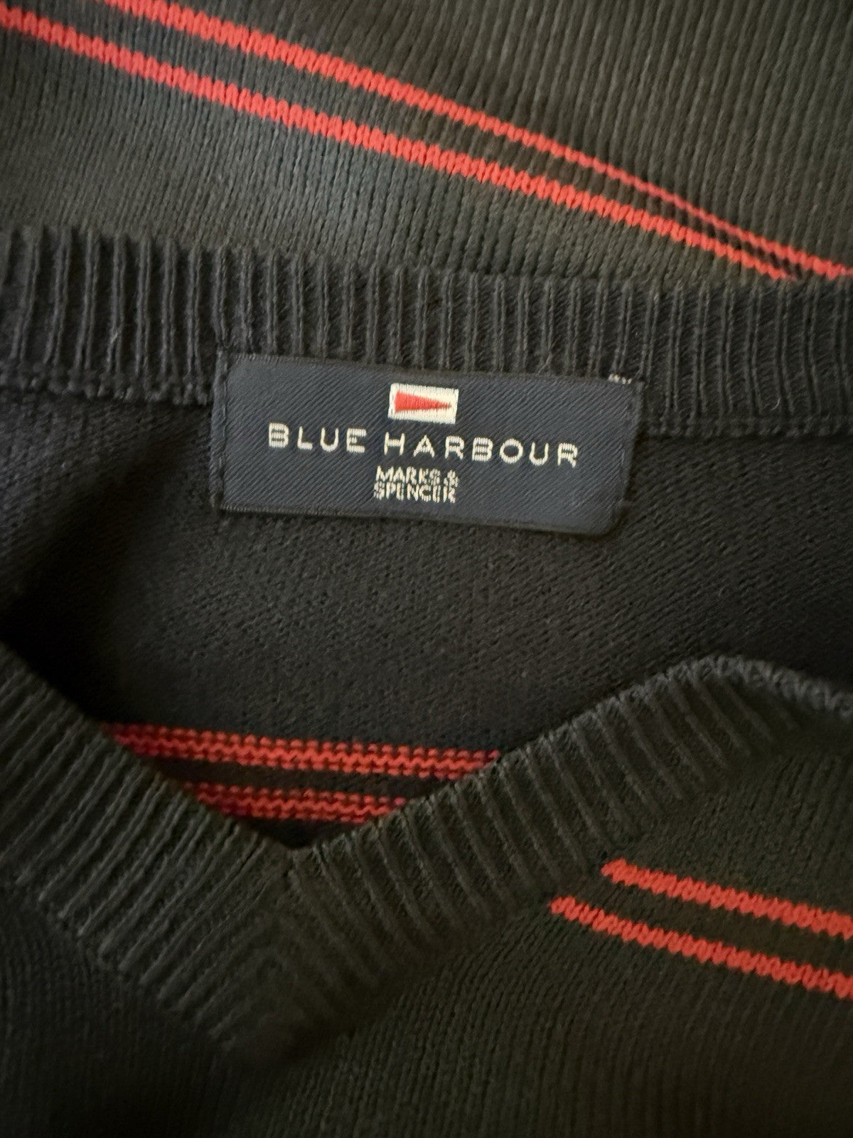 Blue Harbour M&S Navy Red Striped V Neck Knit Jumper - Medium