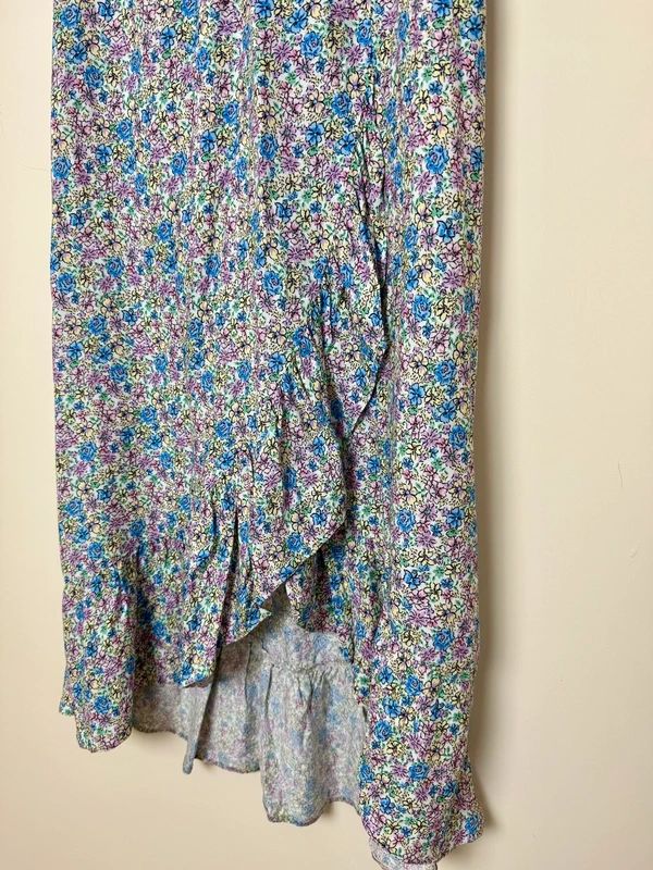 Papaya Pink Blue Ditsy Floral Maxi Skirt Ruffle Hem Split UK 8