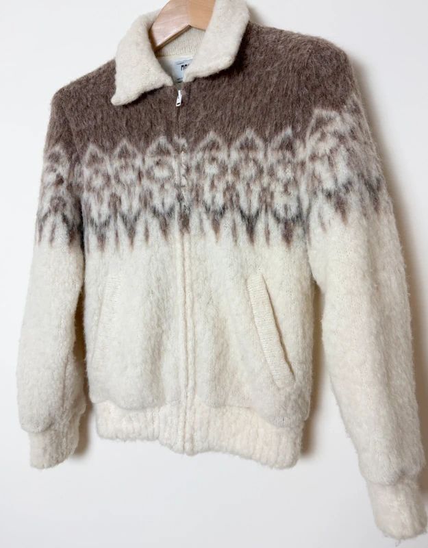 Vintage 1980s Nanook Nordic Mohair Blend Jacket Cream Brown Fuzzy Zip Up Small