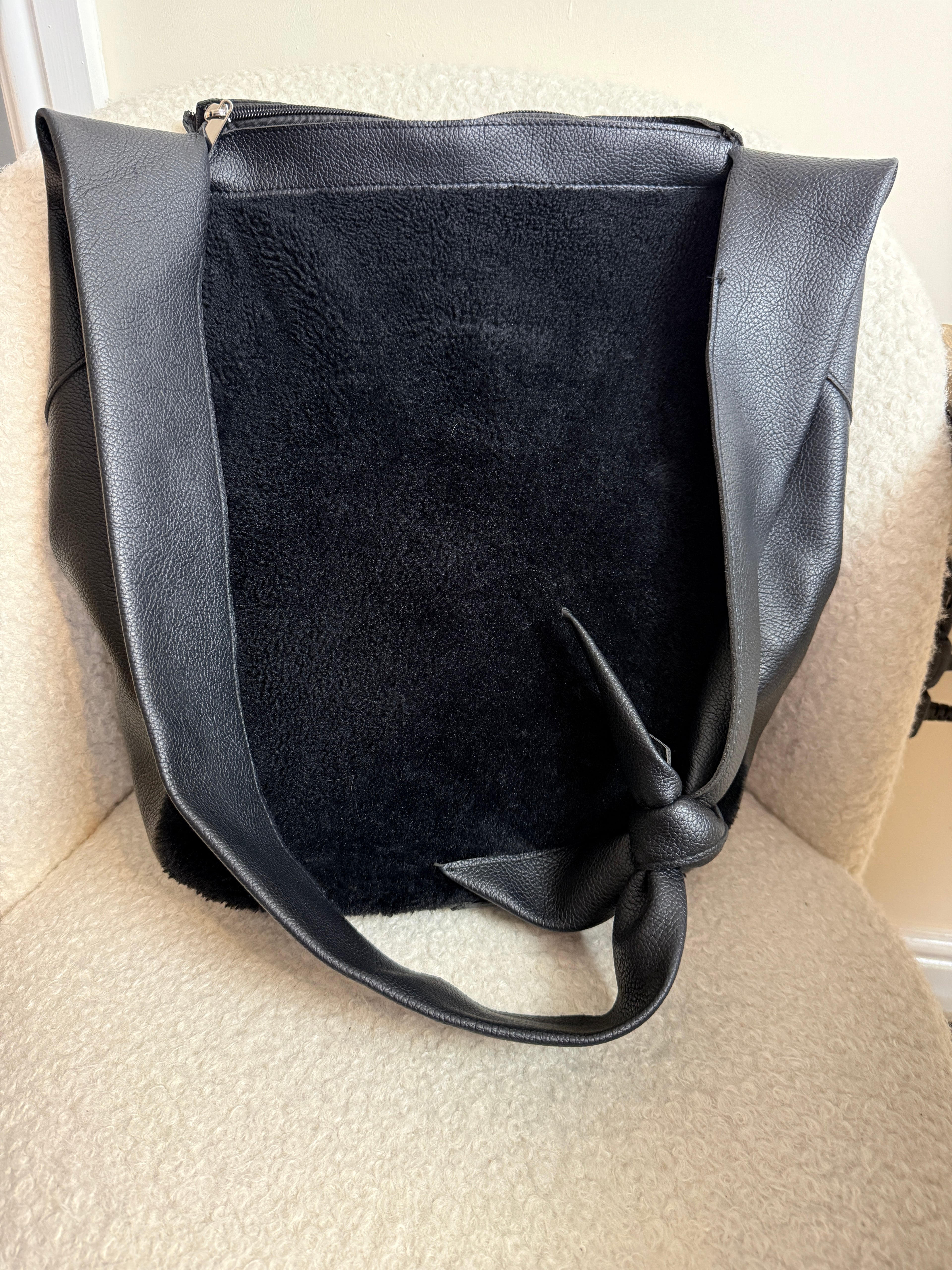 Black Faux Leather Hobo Shoulder Bag Faux Fur Panel Tie Strap Detail