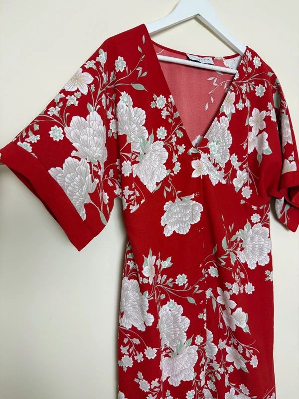 Truth & Fable Red Oriental Floral Kimono Style Midi Dress V Neck XL