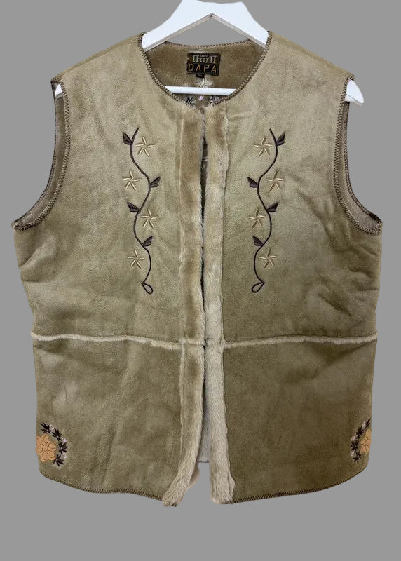 Vintage Faux Shearing Fur Olive Green Embroidered Gilet by DAPA - XL