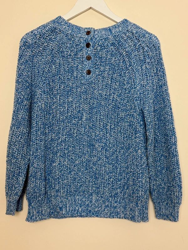 WoolOvers Blue Cable Knit Jumper Medium Cotton Crew Neck Button Back