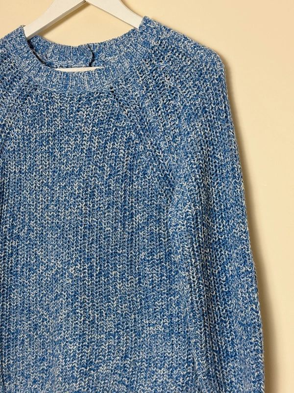 WoolOvers Blue Cable Knit Jumper Medium Cotton Crew Neck Button Back