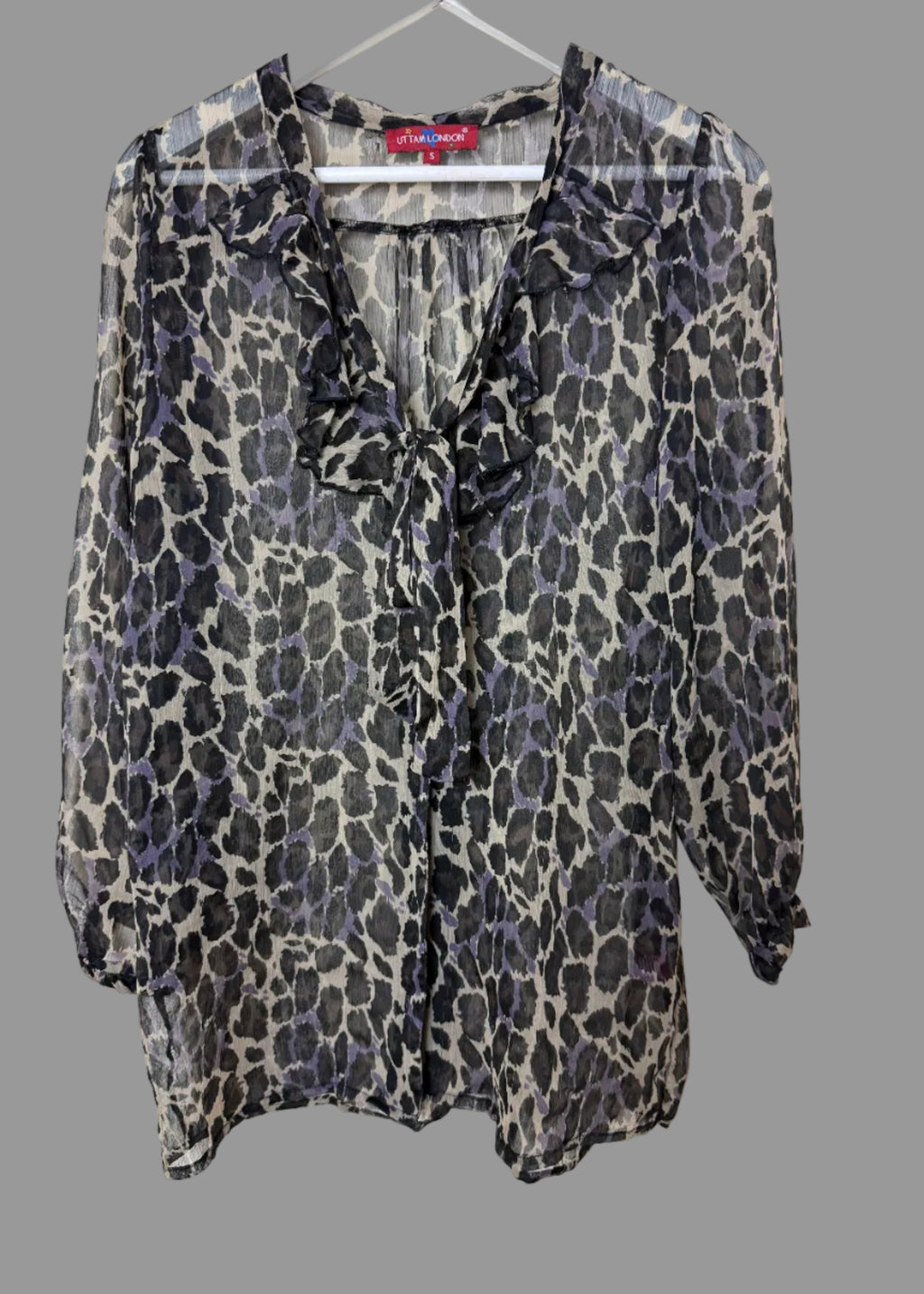 Uttam London Purple Grey Leopard Print Sheer Tie Neck Blouse Small
