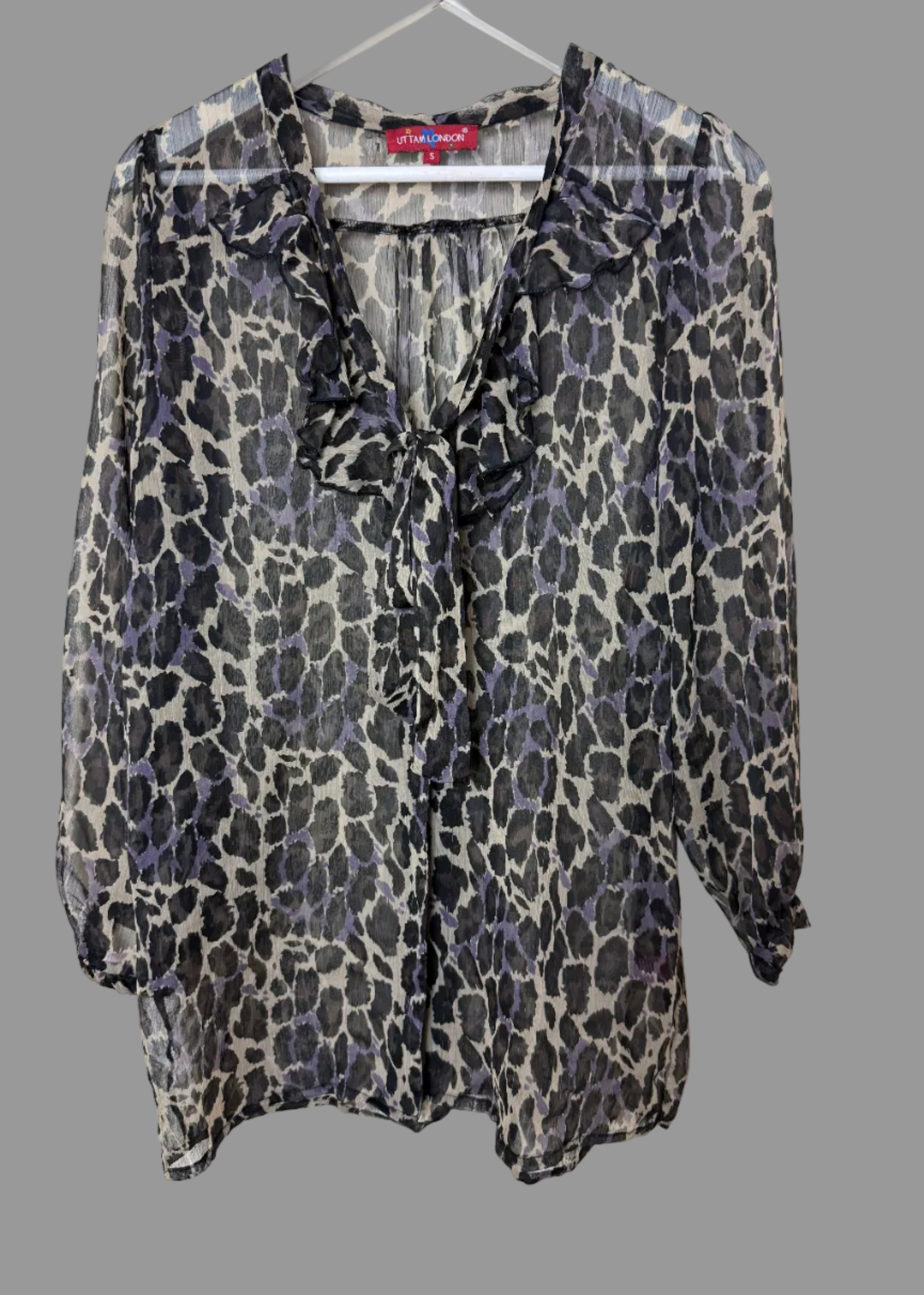 Uttam London Purple Grey Leopard Print Sheer Tie Neck Blouse Small