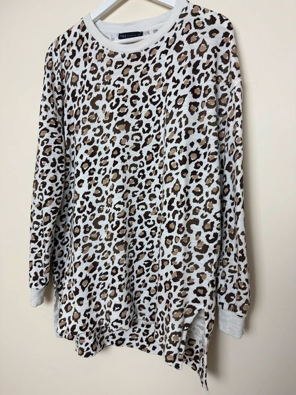 M&S Leopard Print Sweatshirt Brown Black White Cotton Long Sleeve UK14