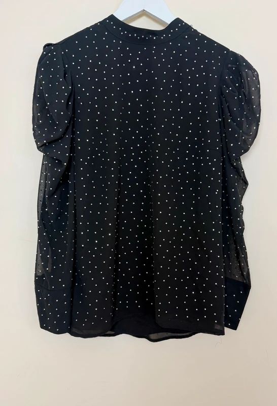 River Island Black Ruched Sheer Arms Diamante Blouse - UK12