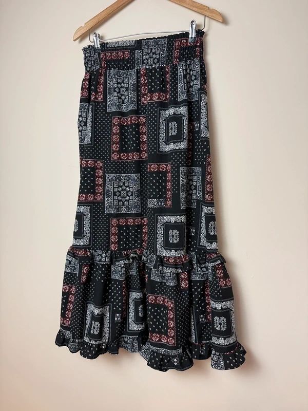 Valleygirl Bandana Print Tiered Maxi Skirt Black Red White UK8